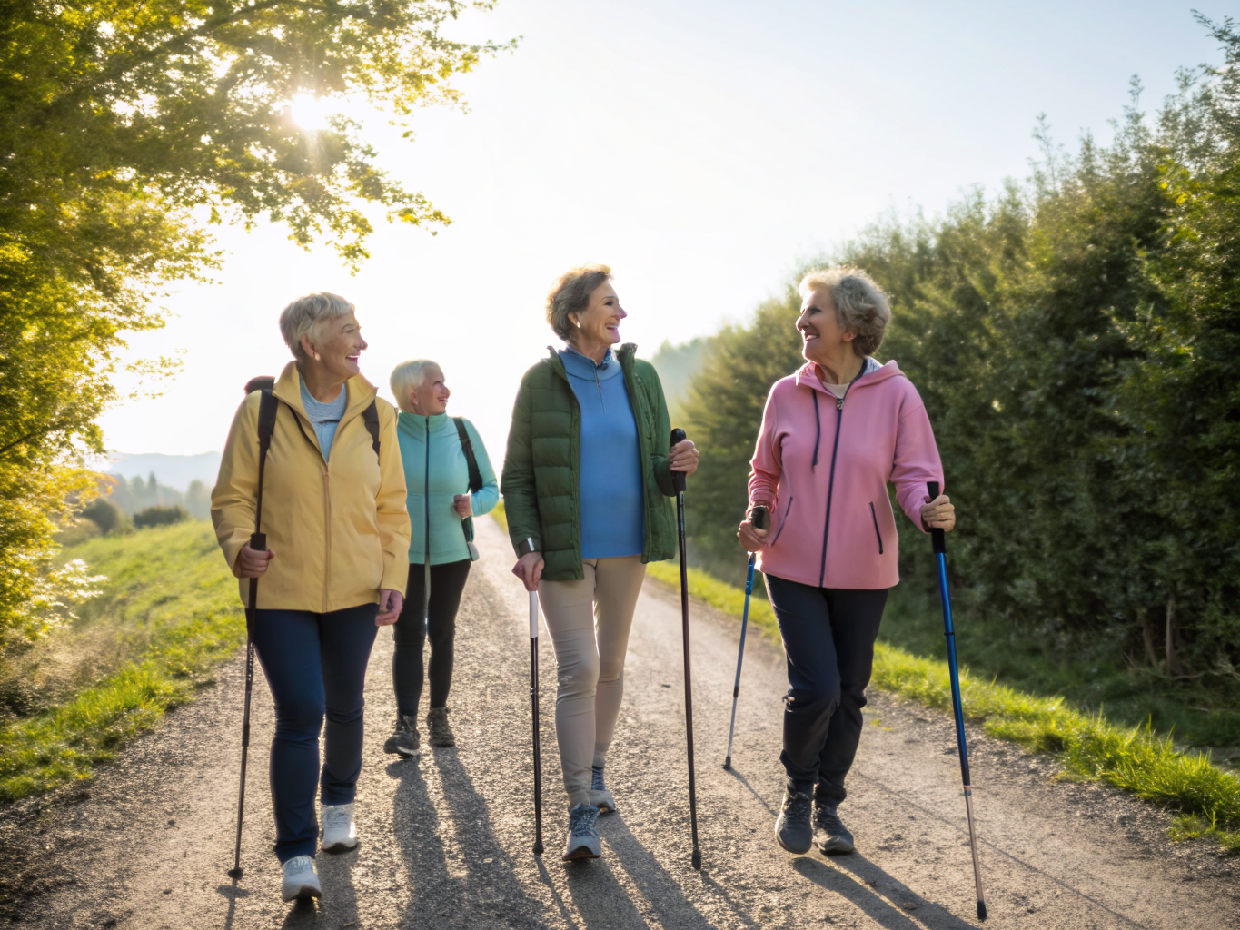 Active seniors engaging in Nordic walking along a beautiful coastline