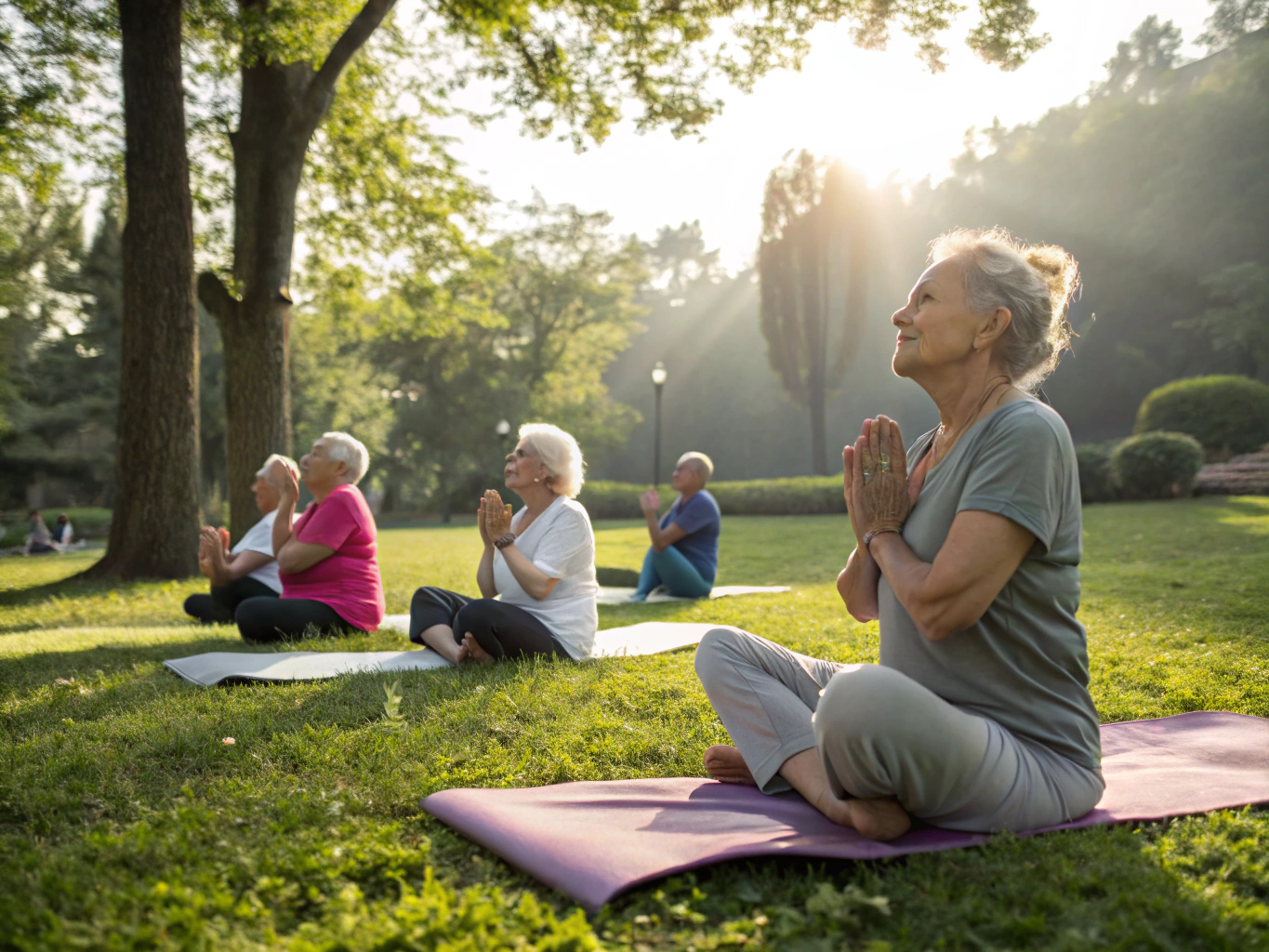 A large circle of seniors smiling and holding hands during a fitness activity