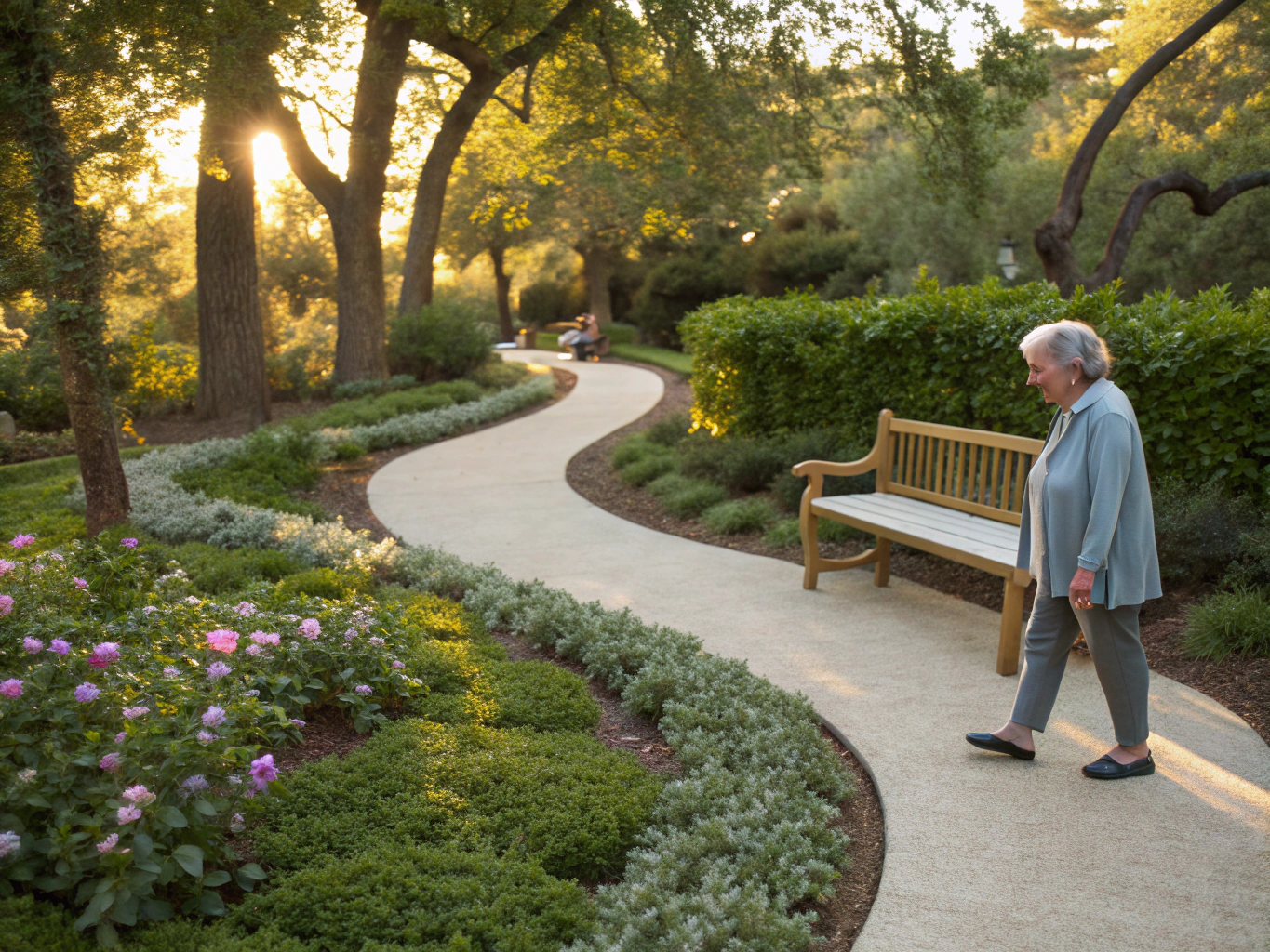Group of seniors walking along a vibrant Mediterranean forest trail