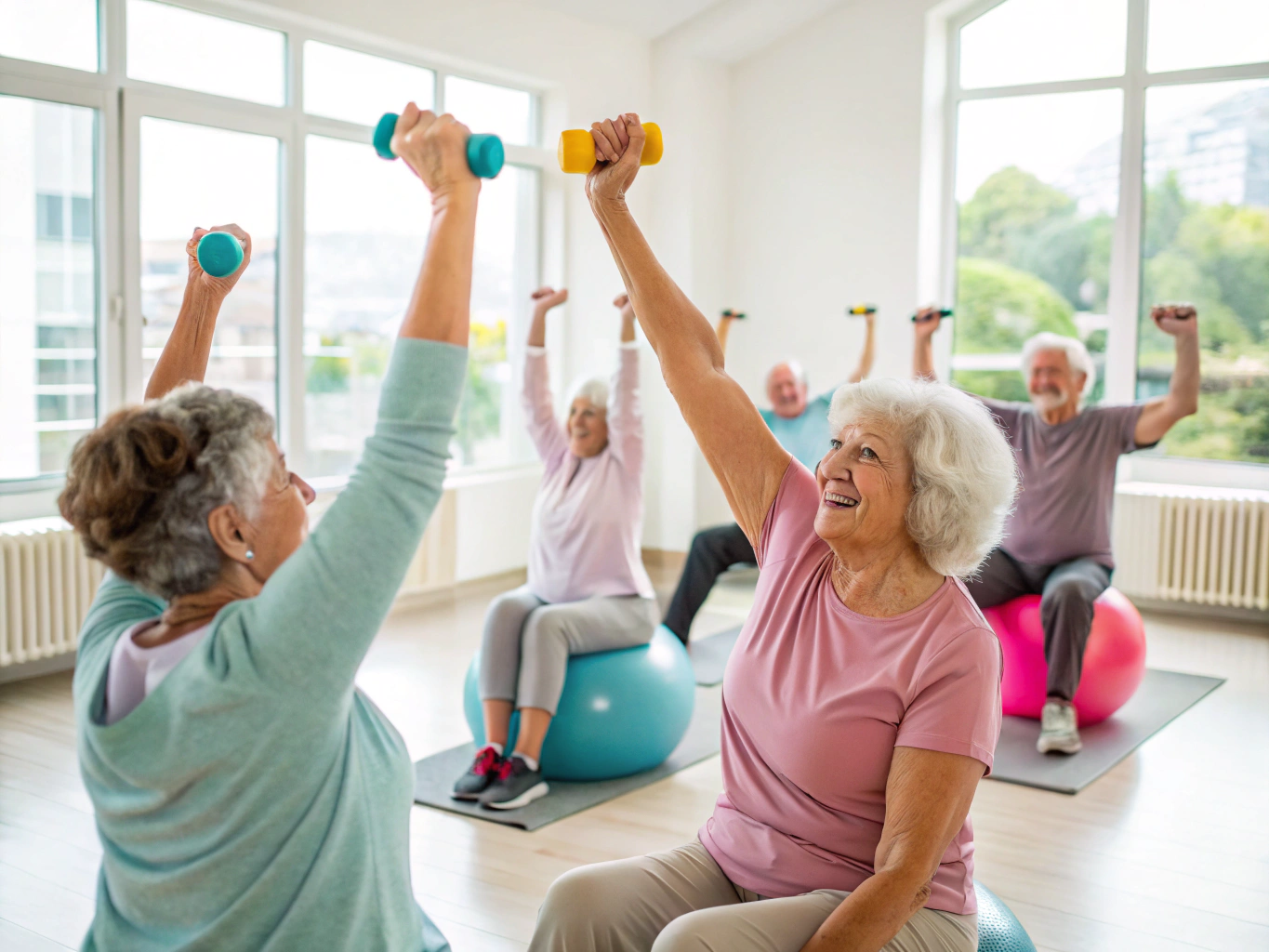 Seniors practicing balance exercises in a bright, airy club room